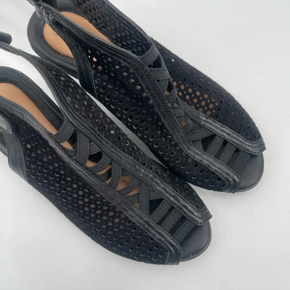 EARTH Calla Wedge Sandals Size 8 Black Perforated Leather Suede Casual Comfort